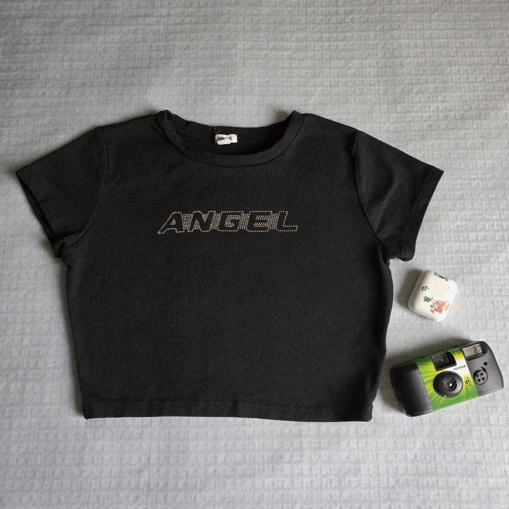 black rhinestone angel y2k baby tee | garage | medium
